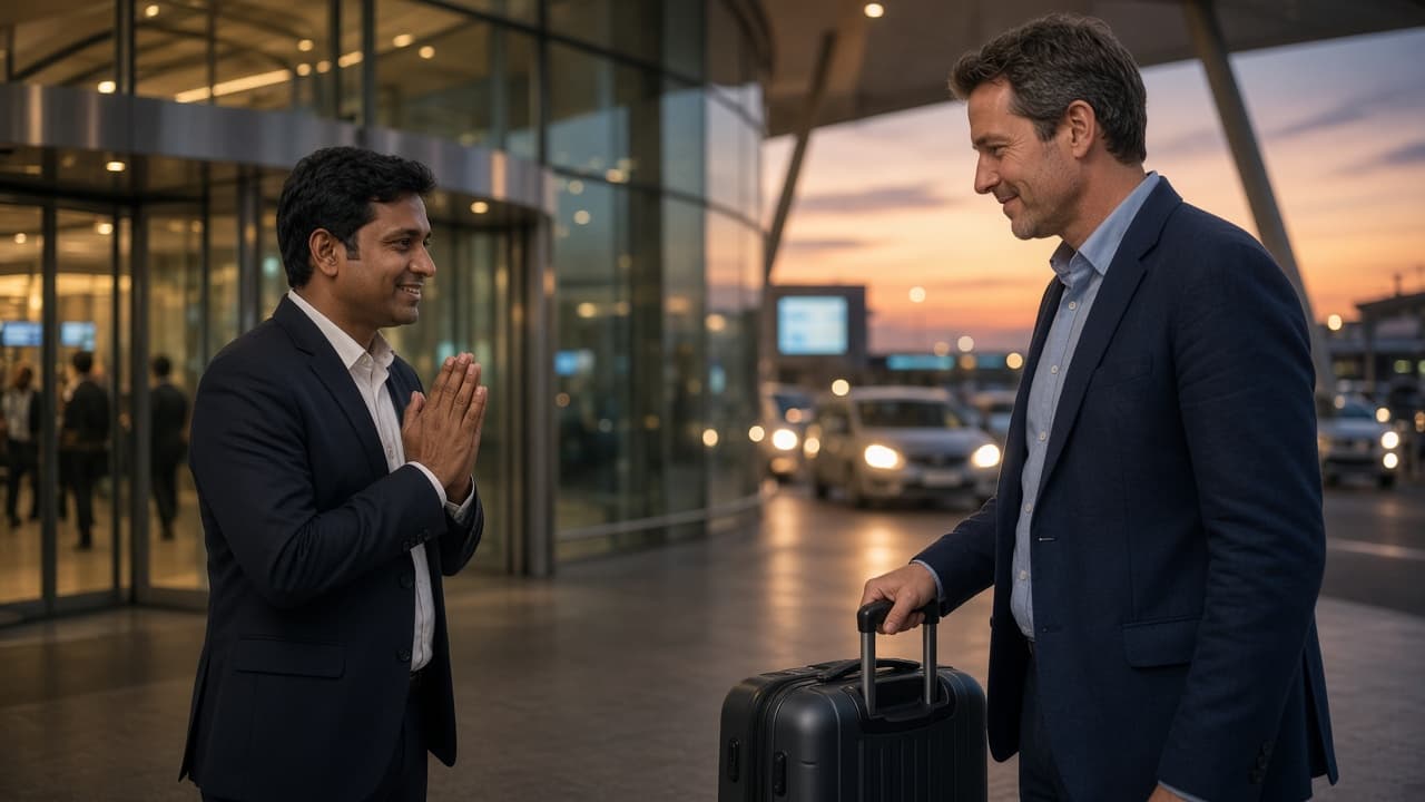 Indian coordinator greeting an international guest with namaste at the airport